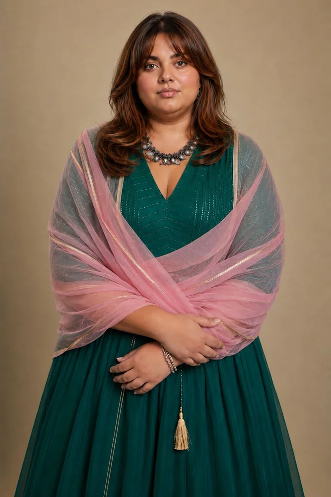 Emerald Green Ethnic Anarkali Set with Soft Pink Dupatta 3