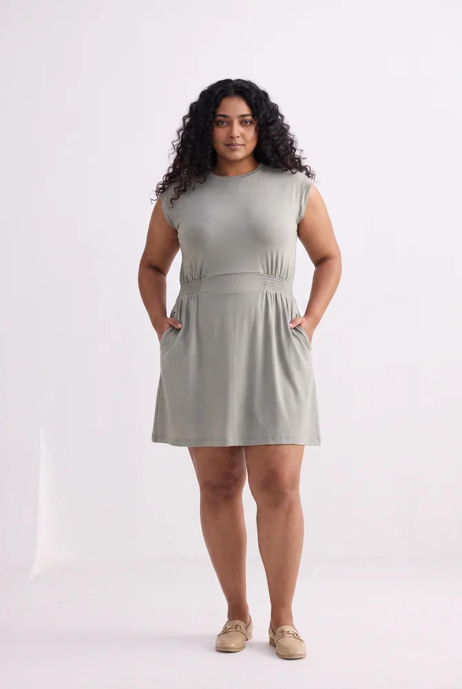 Short Dress With Smocking Side Detail in Light Olive 4