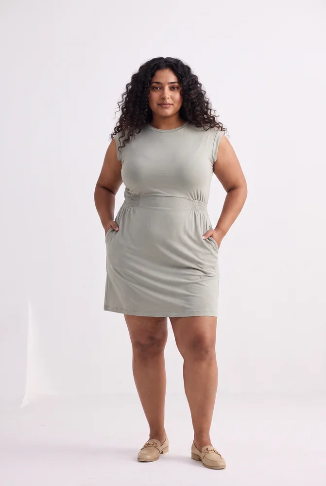 Short Dress With Smocking Side Detail in Light Olive