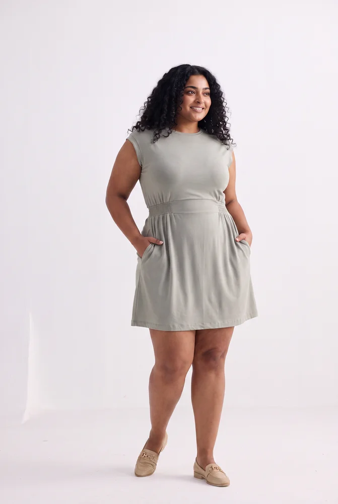 Short Dress With Smocking Side Detail in Light Olive 3