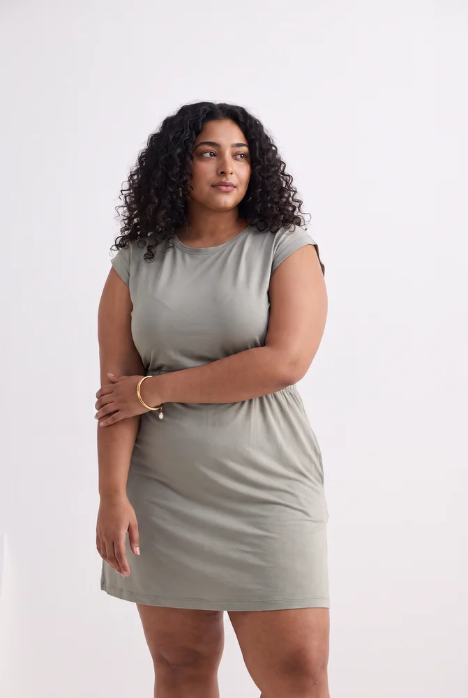 Short Dress With Smocking Side Detail in Light Olive 2