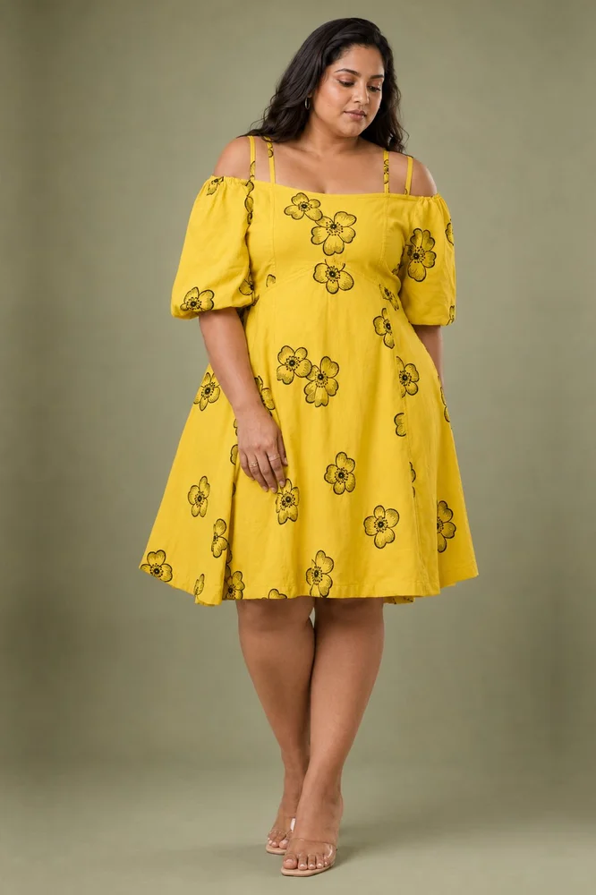 Yellow Cold Shoulder Short Embroidered Floral Dress 2