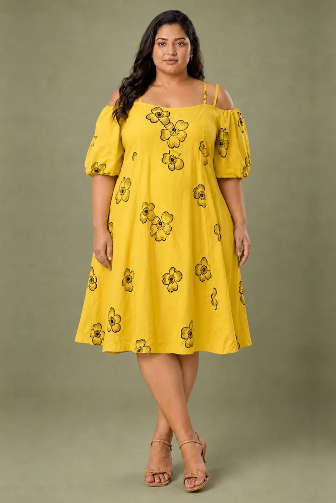 Yellow Cold Shoulder Short Embroidered Floral Dress