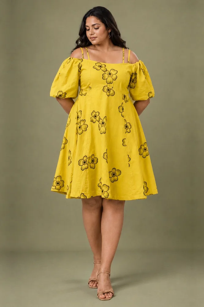 Yellow Cold Shoulder Short Embroidered Floral Dress 4