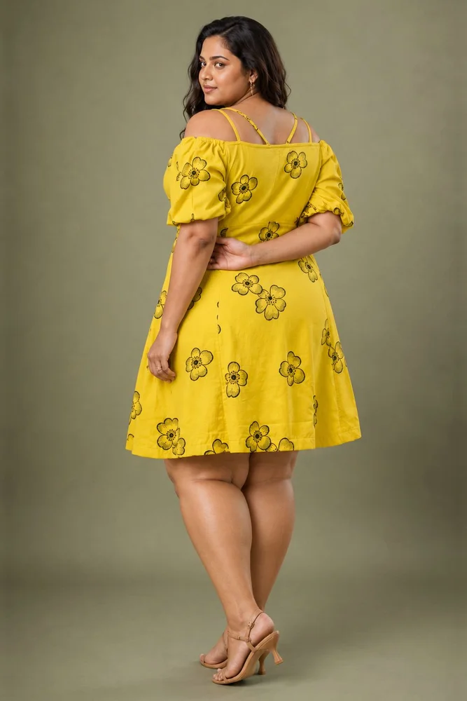 Yellow Cold Shoulder Short Embroidered Floral Dress 5