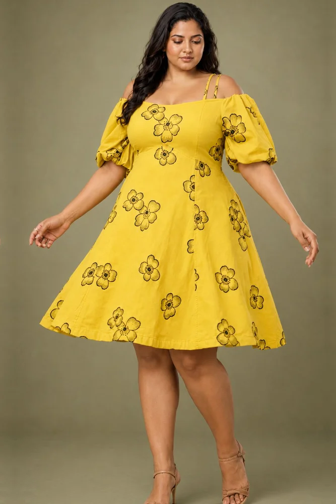 Yellow Cold Shoulder Short Embroidered Floral Dress 3